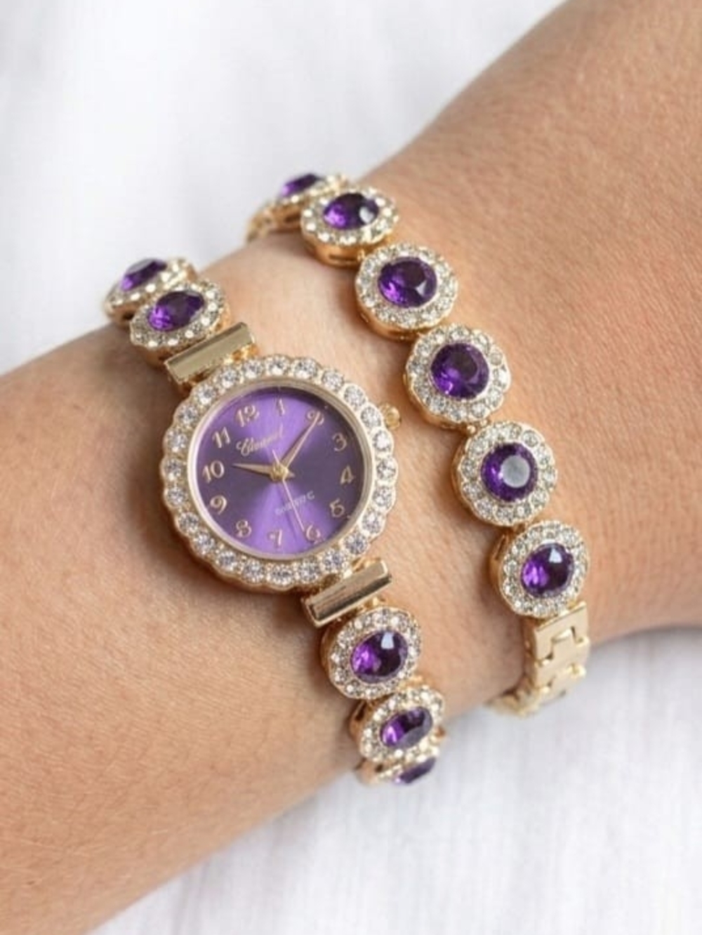 Gold-Tone Purple Crystal Women's Watch and Bracelet Set